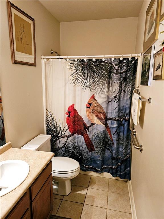 669 Lake Iberville Ct, Ponchatoula, LA 70454 - bathroom featuring vanity, toilet, tile patterned flooring, and a shower with curtain