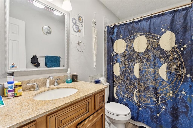 bathroom with vanity, a textured ceiling, and toilet