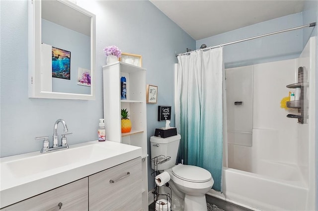 full bathroom featuring shower / bath combo, toilet, and vanity