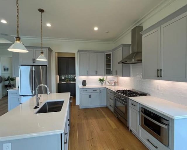 kitchen with sink, hanging light fixtures, wall chimney exhaust hood, appliances with stainless steel finishes, and light hardwood / wood-style floors