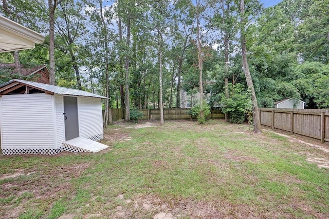 view of yard featuring a storage unit