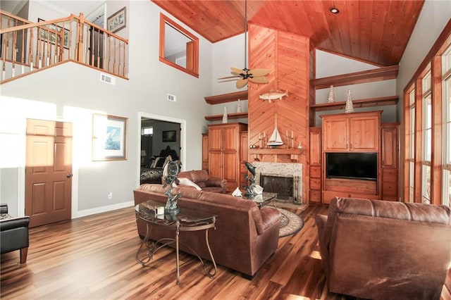 living room with ceiling fan, wooden ceiling, wooden walls, high vaulted ceiling, and wood-type flooring