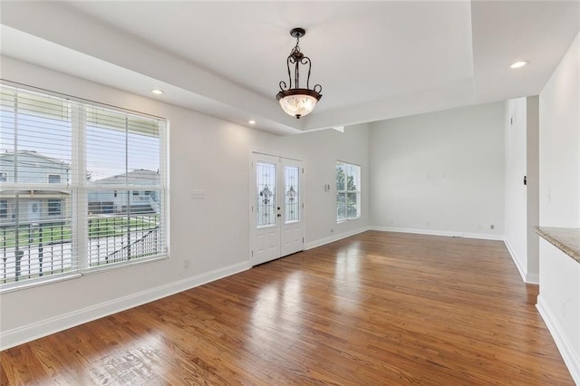 unfurnished room featuring wood-type flooring and a tray ceiling