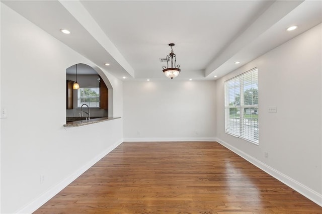 unfurnished dining area featuring wood-type flooring, a raised ceiling, sink, and a wealth of natural light