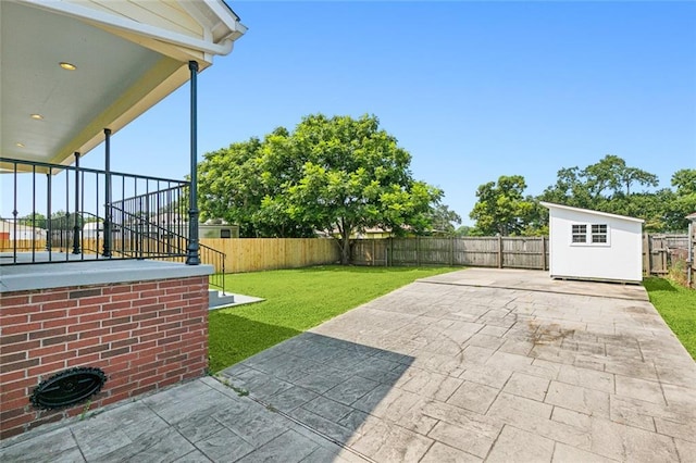 view of patio / terrace featuring a shed