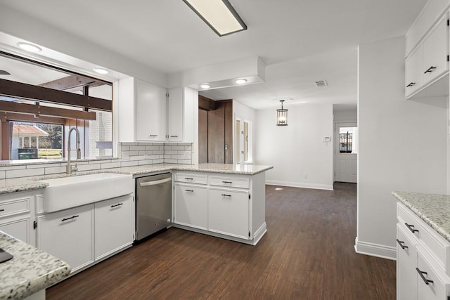 kitchen featuring dark wood-type flooring, sink, white cabinets, and stainless steel dishwasher