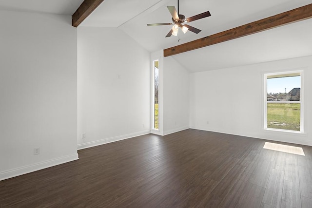 interior space with vaulted ceiling with beams, ceiling fan, and dark hardwood / wood-style flooring