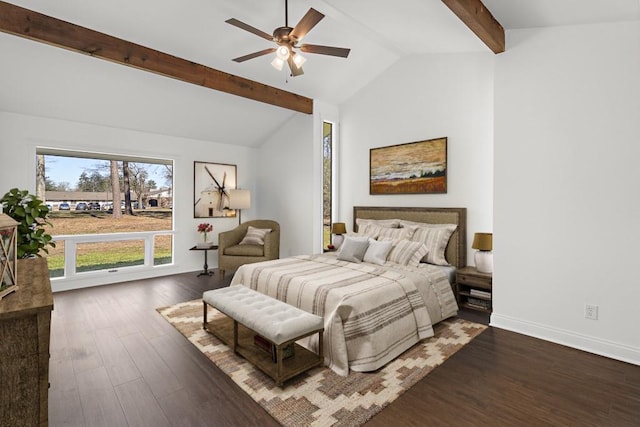 bedroom with vaulted ceiling with beams, ceiling fan, and dark wood-type flooring