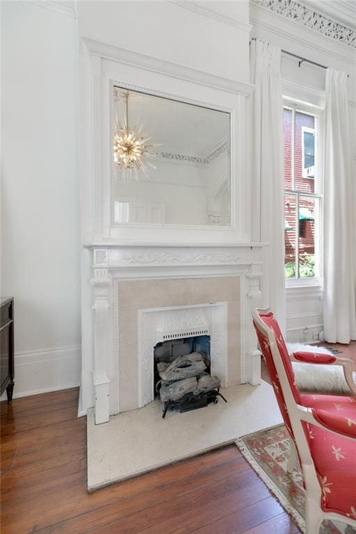 room details with baseboards, wood finished floors, and a fireplace