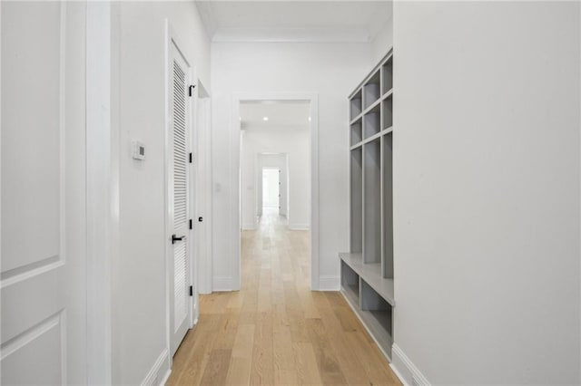 corridor featuring crown molding and light hardwood / wood-style flooring