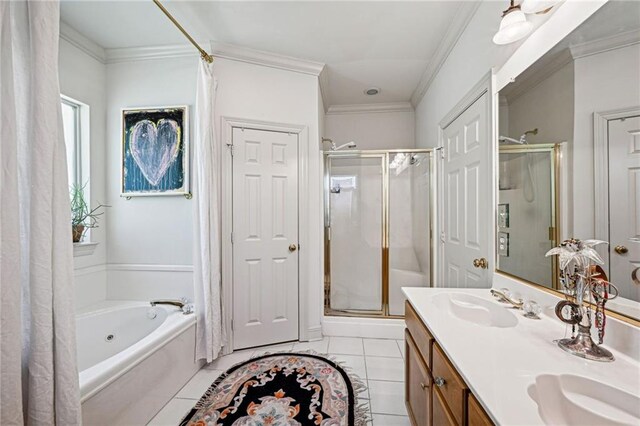 1034 Foy St, Mandeville, LA 70448 - full bathroom featuring a shower stall, double vanity, a bath, tile patterned floors, and ornamental molding