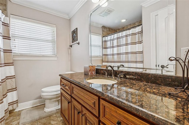 bathroom with crown molding, vanity, toilet, and a shower with curtain