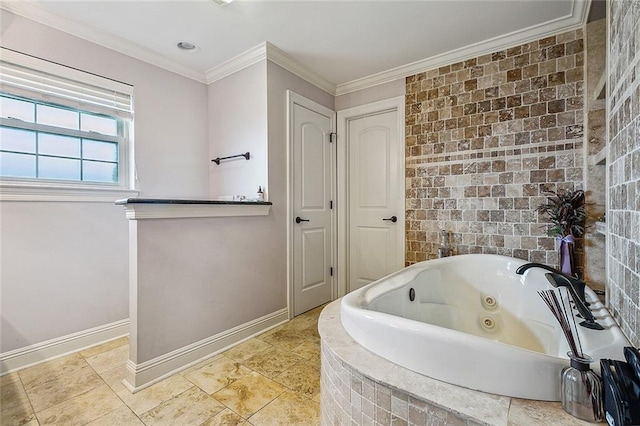 bathroom featuring ornamental molding, tile walls, and a relaxing tiled tub