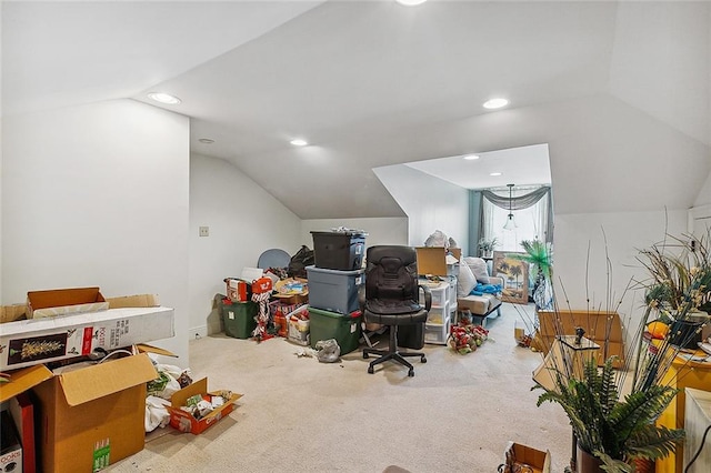 home office featuring carpet flooring and vaulted ceiling