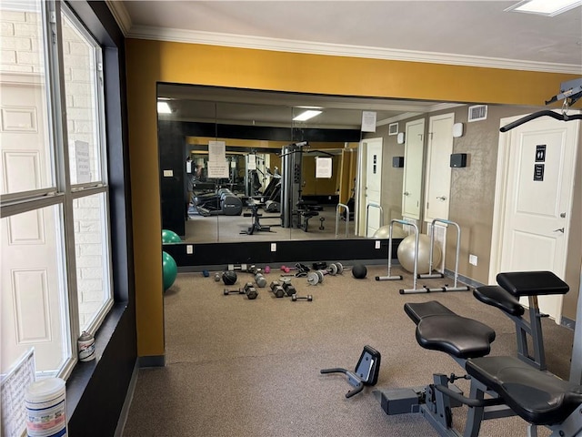 exercise room featuring crown molding