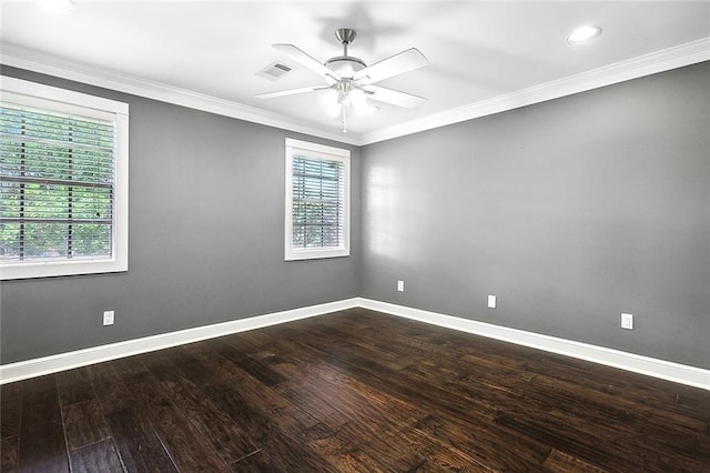 unfurnished room featuring ornamental molding, hardwood / wood-style floors, and ceiling fan