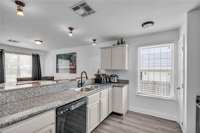 kitchen with dishwasher, sink, light hardwood / wood-style flooring, and a wealth of natural light