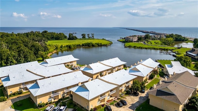 aerial view featuring a water view