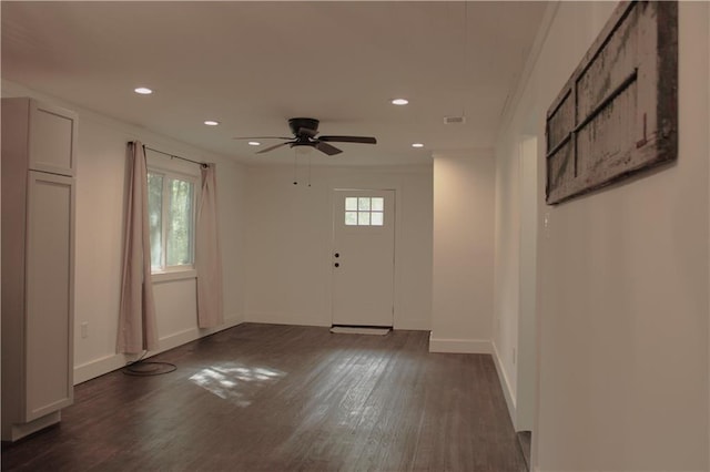 foyer entrance featuring visible vents, recessed lighting, baseboards, ceiling fan, and dark wood-style flooring