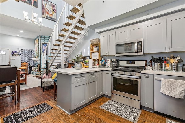 kitchen with a peninsula, gray cabinetry, dark wood-style floors, and appliances with stainless steel finishes