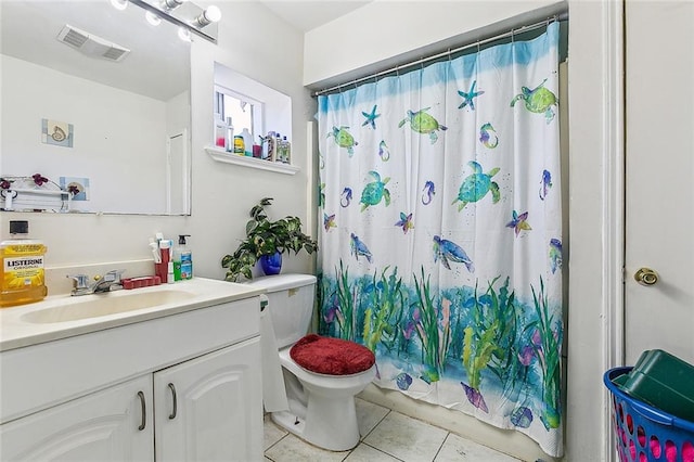 full bathroom featuring toilet, visible vents, curtained shower, tile patterned flooring, and vanity