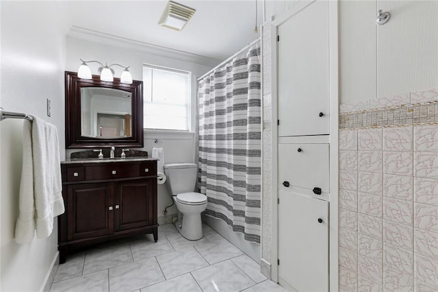 bathroom with vanity, crown molding, toilet, and a shower with shower curtain