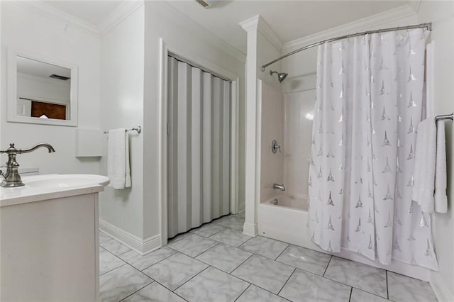 bathroom with vanity, crown molding, and shower / bathtub combination with curtain