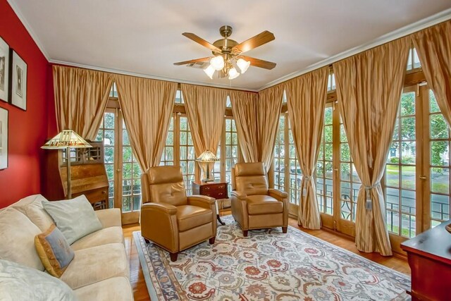 living area featuring ceiling fan, light wood-type flooring, and a healthy amount of sunlight