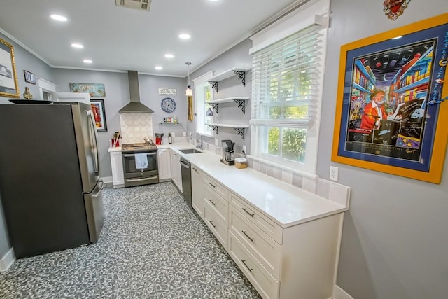 kitchen with white cabinetry, appliances with stainless steel finishes, wall chimney range hood, backsplash, and sink