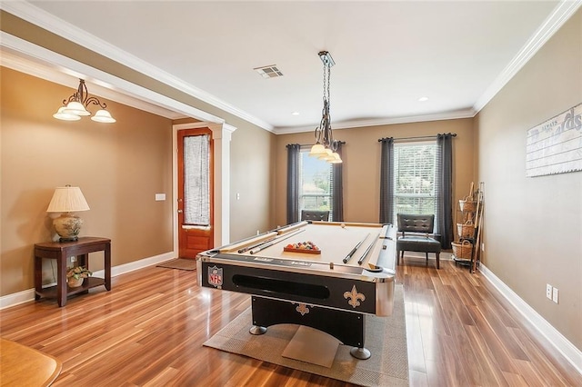 rec room with hardwood / wood-style floors, crown molding, decorative columns, and billiards