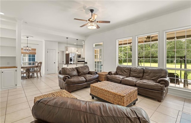 3 Pipes Loop, Covington, LA 70435 - living room with built in features, a ceiling fan, light tile patterned flooring, and visible vents