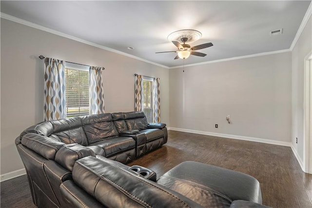 living room with ornamental molding, dark hardwood / wood-style floors, and ceiling fan