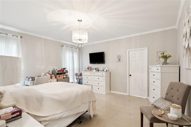 bedroom with light tile patterned flooring, ornamental molding, and an inviting chandelier