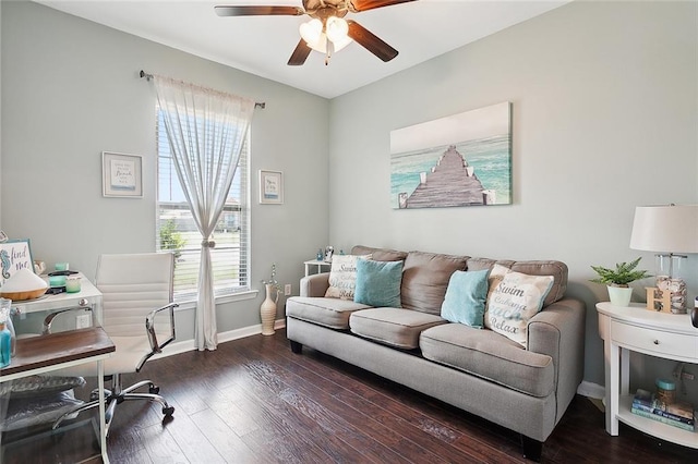 office with ceiling fan and hardwood / wood-style flooring