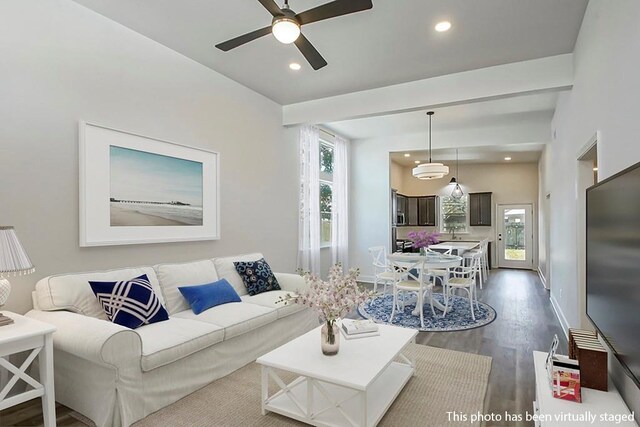 living room with ceiling fan and dark hardwood / wood-style floors