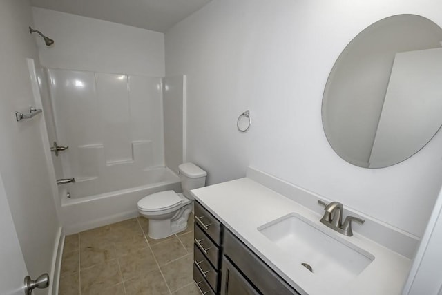 full bathroom featuring washtub / shower combination, vanity, tile patterned flooring, and toilet