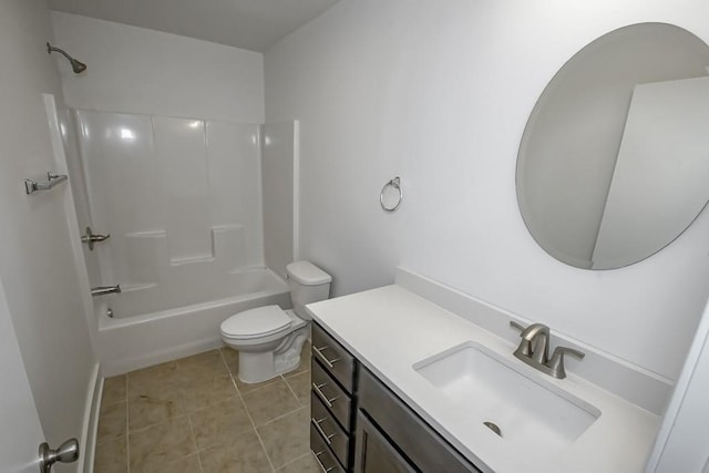 full bathroom with bathing tub / shower combination, vanity, tile patterned floors, and toilet