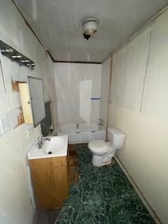 full bathroom featuring vanity, bathtub / shower combination, and toilet