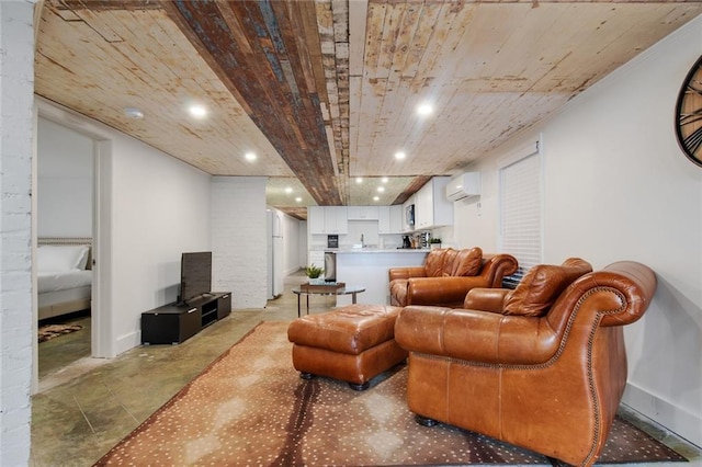 living area featuring concrete flooring, wooden ceiling, a wall unit AC, recessed lighting, and baseboards