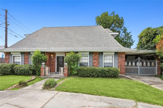 view of front of property with a front lawn and a carport