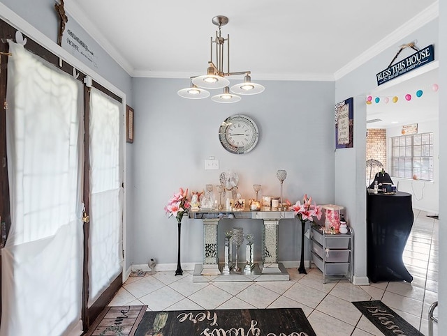 dining space featuring light tile patterned floors, plenty of natural light, and crown molding