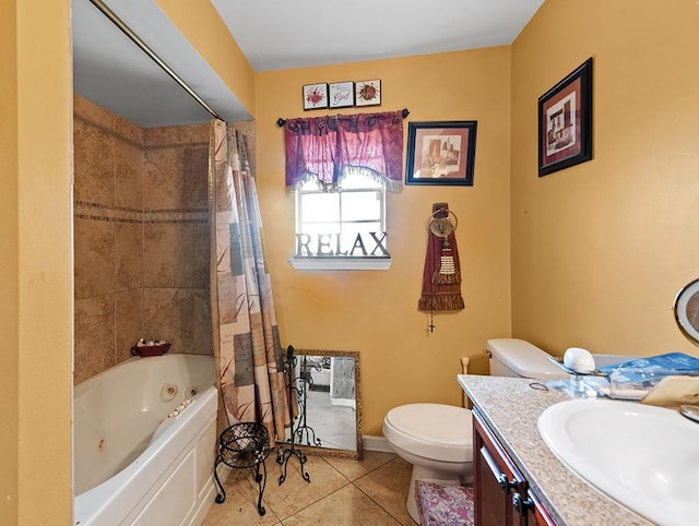 full bathroom with shower / bathtub combination with curtain, vanity, tile patterned floors, and toilet