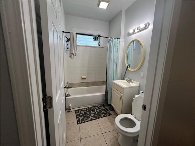 full bathroom with shower / tub combo, toilet, tile patterned floors, and vanity