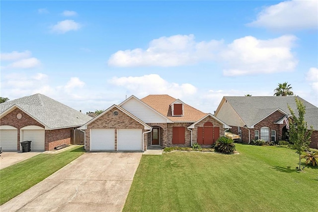 view of front of home with a front lawn and a garage