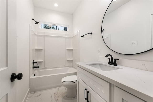 full bathroom featuring bathing tub / shower combination, vanity, and toilet