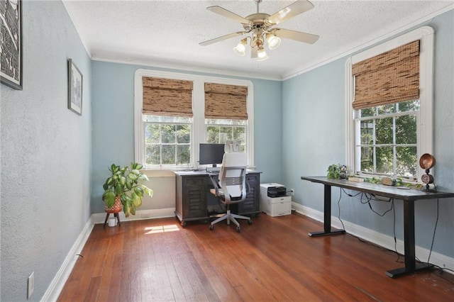 3722 Nashville Ave, New Orleans, LA 70125 - office area with a textured wall, ceiling fan, a healthy amount of sunlight, and hardwood / wood-style floors