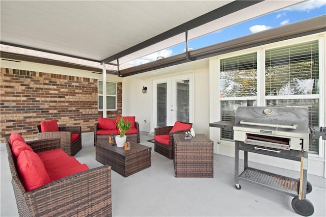 view of patio / terrace featuring outdoor lounge area, french doors, and grilling area