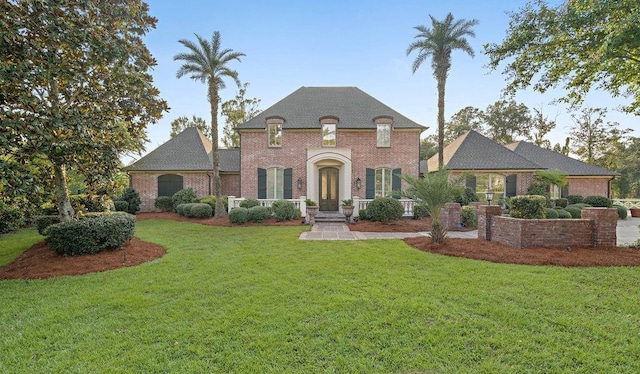 view of front facade featuring brick siding and a front yard