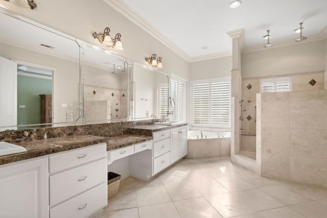 bathroom featuring tile patterned flooring, double sink vanity, plus walk in shower, and ornamental molding