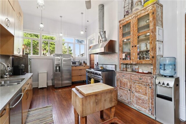 kitchen featuring sink, stainless steel appliances, decorative backsplash, and wall chimney range hood